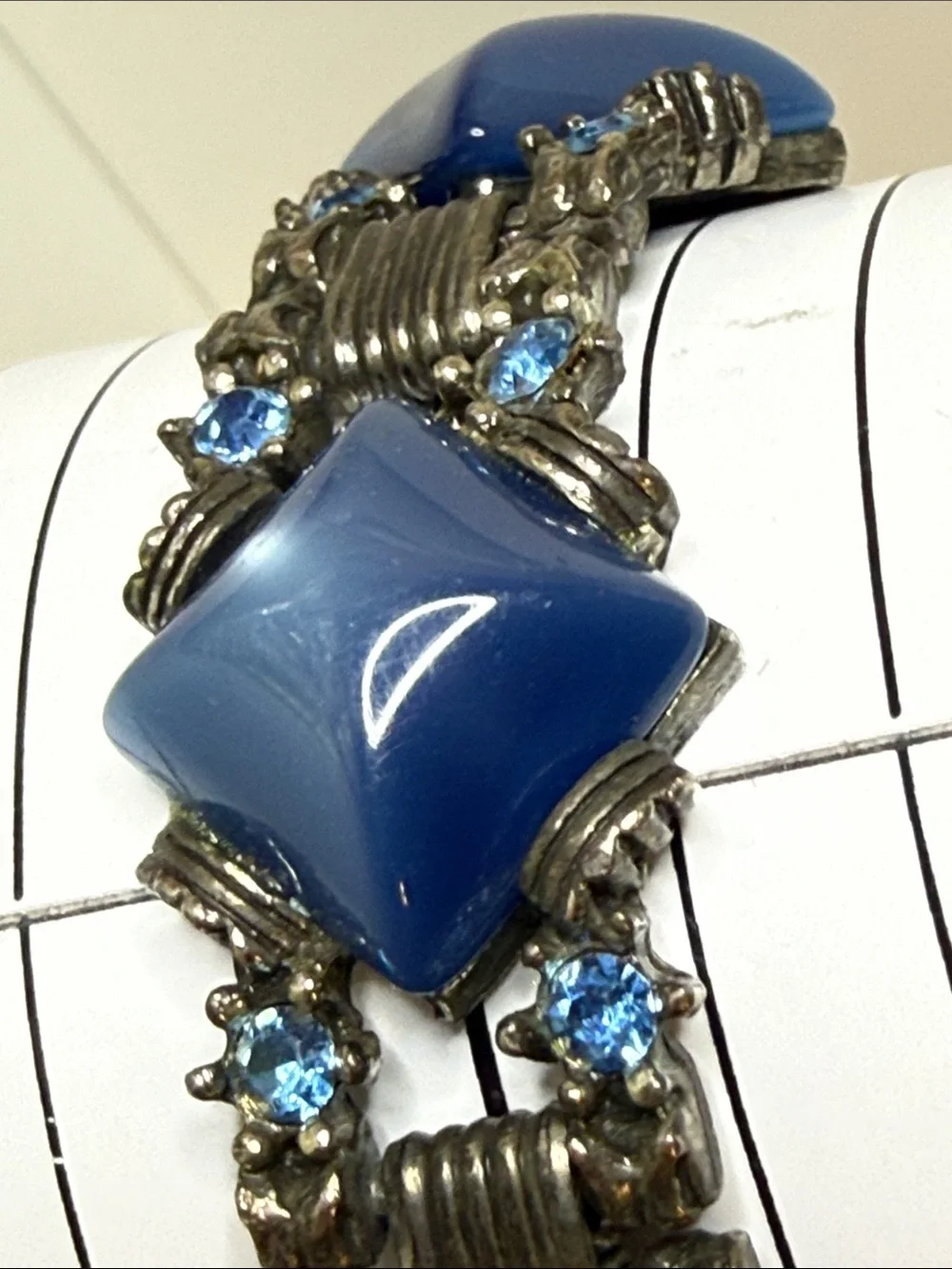 Blue diamond shape moonglow rhinestone chunky gunmetal Vintage Bracelet art deco